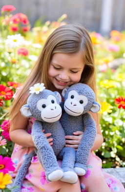 A 7-year-old girl joyfully playing with her stuffed monkey, which has a delicate flower on its head and is colored gray