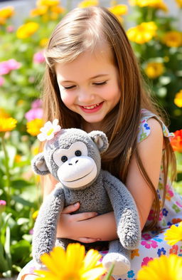 A 7-year-old girl joyfully playing with her stuffed monkey, which has a delicate flower on its head and is colored gray