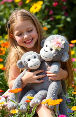 A 7-year-old girl joyfully playing with her stuffed monkey, which has a delicate flower on its head and is colored gray