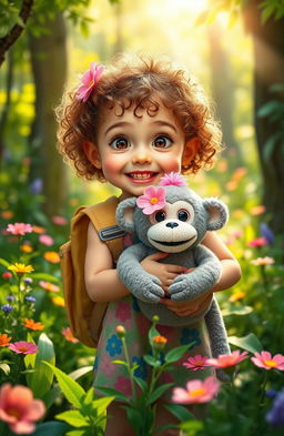 A whimsical scene featuring a 7-year-old girl with bright, joyful eyes and curly hair, dressed in a colorful adventure outfit