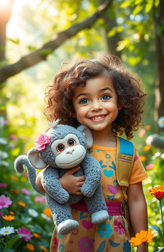 A whimsical scene featuring a 7-year-old girl with bright, joyful eyes and curly hair, dressed in a colorful adventure outfit