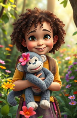 A whimsical scene featuring a 7-year-old girl with bright, joyful eyes and curly hair, dressed in a colorful adventure outfit