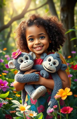 A whimsical scene featuring a 7-year-old girl with bright, joyful eyes and curly hair, dressed in a colorful adventure outfit