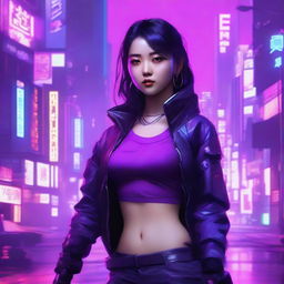 Generate an image of a cute and beautiful young Korean woman, a proficient gunner, set against the vibrant neon purple landscapes of a cyberpunk world