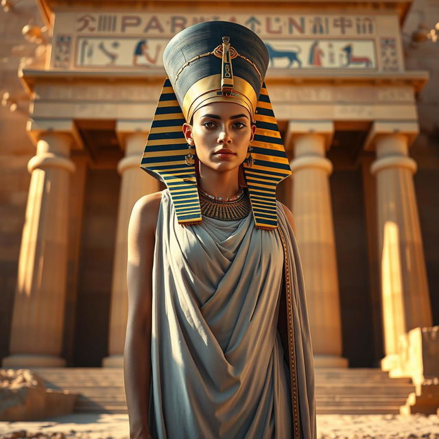 A stunning portrait of the ancient Egyptian queen Hatshepsut, depicted in regal attire with a sophisticated headdress, a long flowing gown adorned with traditional Egyptian symbols, and intricate jewelry