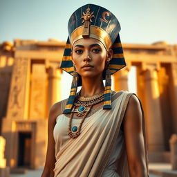 A stunning portrait of the ancient Egyptian queen Hatshepsut, depicted in regal attire with a sophisticated headdress, a long flowing gown adorned with traditional Egyptian symbols, and intricate jewelry