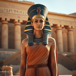 A stunning portrait of the ancient Egyptian queen Hatshepsut, depicted in regal attire with a sophisticated headdress, a long flowing gown adorned with traditional Egyptian symbols, and intricate jewelry
