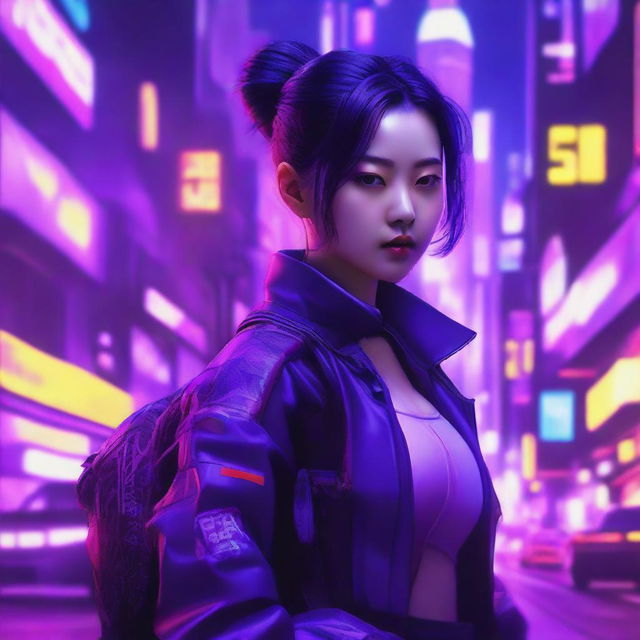 Generate an image of a cute and beautiful young Korean woman, a proficient gunner, set against the vibrant neon purple landscapes of a cyberpunk world