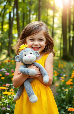 A cheerful 7-year-old girl with brown hair wearing a bright yellow dress is holding a soft gray stuffed monkey with a cute flower on its head