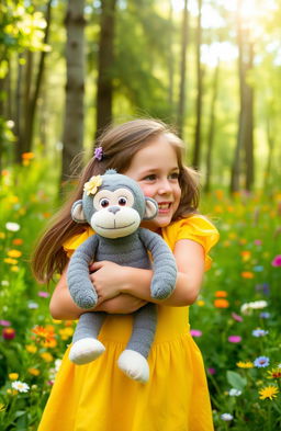 A cheerful 7-year-old girl with brown hair wearing a bright yellow dress is holding a soft gray stuffed monkey with a cute flower on its head