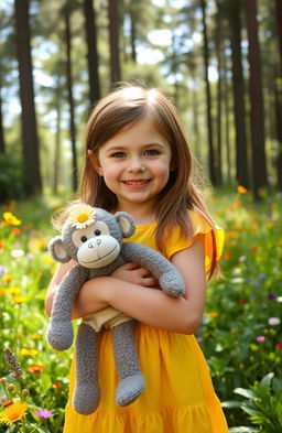 A cheerful 7-year-old girl with brown hair wearing a bright yellow dress is holding a soft gray stuffed monkey with a cute flower on its head