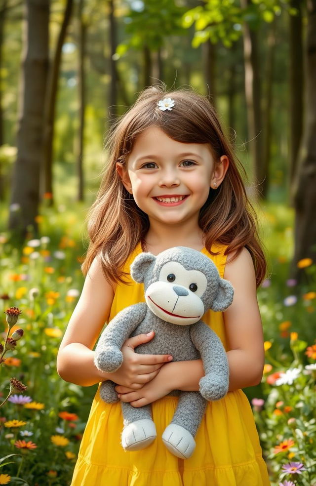 A cheerful 7-year-old girl with brown hair wearing a bright yellow dress is holding a soft gray stuffed monkey with a cute flower on its head