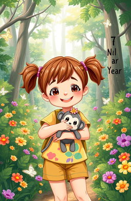 A whimsical illustration of a 7-year-old girl with a bright smile, exploring a lush green forest filled with vibrant flowers and towering trees