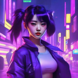 Generate an image of a cute and beautiful young Korean woman, a proficient gunner, set against the vibrant neon purple landscapes of a cyberpunk world