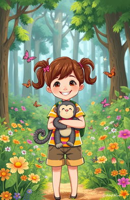 A whimsical illustration of a 7-year-old girl with a bright smile, exploring a lush green forest filled with vibrant flowers and towering trees