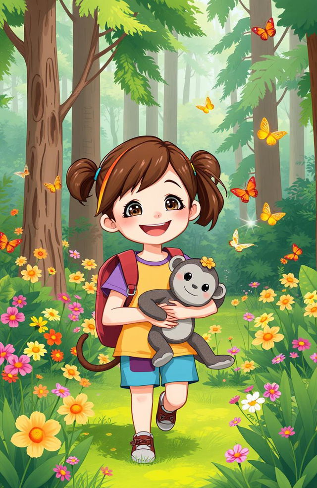 A whimsical illustration of a 7-year-old girl with a bright smile, exploring a lush green forest filled with vibrant flowers and towering trees