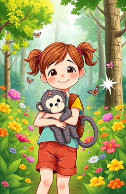 A whimsical illustration of a 7-year-old girl with a bright smile, exploring a lush green forest filled with vibrant flowers and towering trees