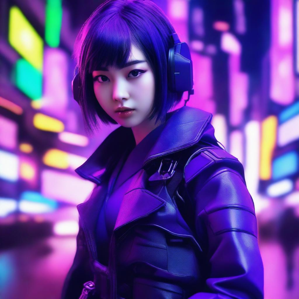 Generate an image of a cute and beautiful young Japanese woman as a skillful gunner, immersed in a neon purple, cyberpunk ambiance