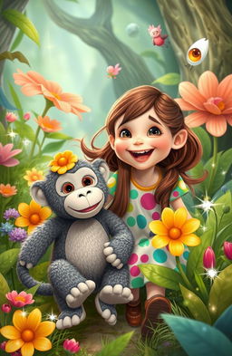 A whimsical scene featuring a 7-year-old girl joyfully exploring a vibrant, enchanted forest