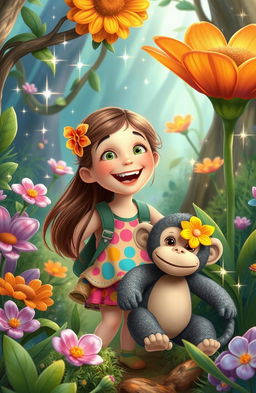 A whimsical scene featuring a 7-year-old girl joyfully exploring a vibrant, enchanted forest