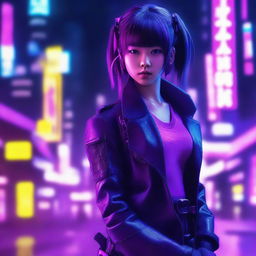 Generate an image of a cute and beautiful young Japanese woman as a skillful gunner, immersed in a neon purple, cyberpunk ambiance