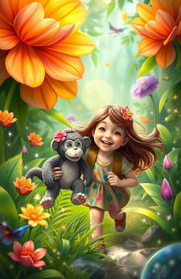 A whimsical scene featuring a 7-year-old girl joyfully exploring a vibrant, enchanted forest