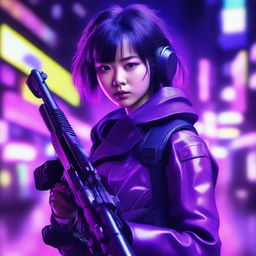 Generate an image of a cute and beautiful young Japanese woman as a skillful gunner, immersed in a neon purple, cyberpunk ambiance