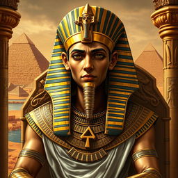 A highly detailed portrait of Pharaoh Thutmose I, dressed in regal ancient Egyptian attire, featuring elaborate gold jewelry, a traditional nemes headdress, and ankh symbols