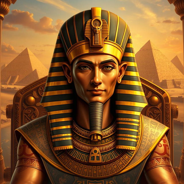 A highly detailed portrait of Pharaoh Thutmose I, dressed in regal ancient Egyptian attire, featuring elaborate gold jewelry, a traditional nemes headdress, and ankh symbols