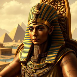 A highly detailed portrait of Pharaoh Thutmose I, dressed in regal ancient Egyptian attire, featuring elaborate gold jewelry, a traditional nemes headdress, and ankh symbols