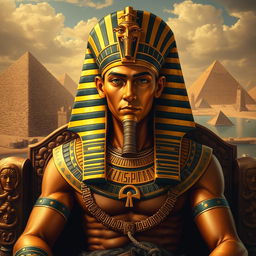 A highly detailed portrait of Pharaoh Thutmose I, dressed in regal ancient Egyptian attire, featuring elaborate gold jewelry, a traditional nemes headdress, and ankh symbols