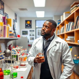 A school inspector, a Black man in a lab coat, standing in a science laboratory filled with various scientific equipment and colorful experiments
