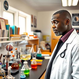 A school inspector, a Black man in a lab coat, standing in a science laboratory filled with various scientific equipment and colorful experiments