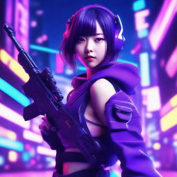 Generate an image of a cute and beautiful young Japanese woman as a skillful gunner, immersed in a neon purple, cyberpunk ambiance