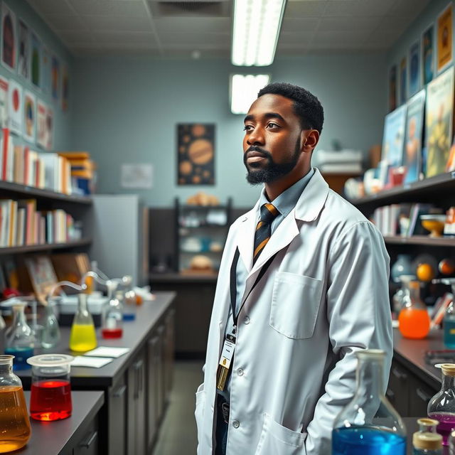 A school inspector, a Black man in a lab coat, standing in a science laboratory filled with various scientific equipment and colorful experiments