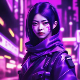 Generate an image of a cute and beautiful young Japanese woman as a skilled ninja, set within a neon purple, cyberpunk setting