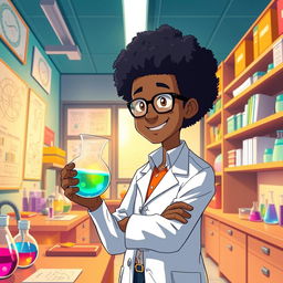 An anime-style portrayal of a school inspector, a Black man with an afro hairstyle, standing confidently in a vibrant science laboratory