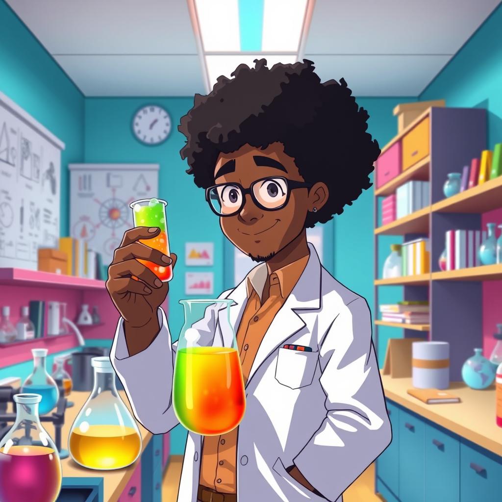 An anime-style portrayal of a school inspector, a Black man with an afro hairstyle, standing confidently in a vibrant science laboratory