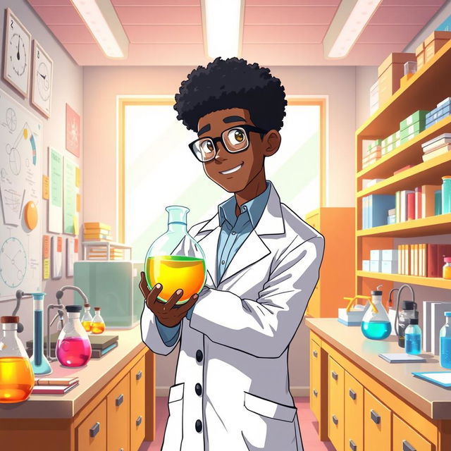 An anime-style portrayal of a school inspector, a Black man with an afro hairstyle, standing confidently in a vibrant science laboratory