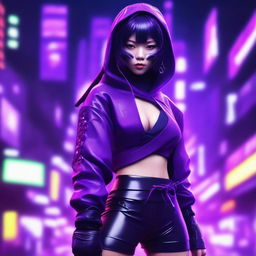 Generate an image of a cute and beautiful young Japanese woman as a skilled ninja, set within a neon purple, cyberpunk setting