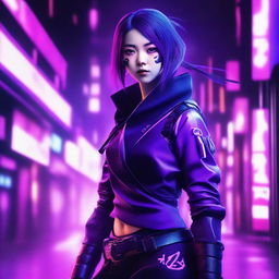 Generate an image of a cute and beautiful young Japanese woman as a skilled ninja, set within a neon purple, cyberpunk setting