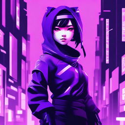 Generate an image of a cute and beautiful young Japanese woman as a skilled ninja, set within a neon purple, cyberpunk setting