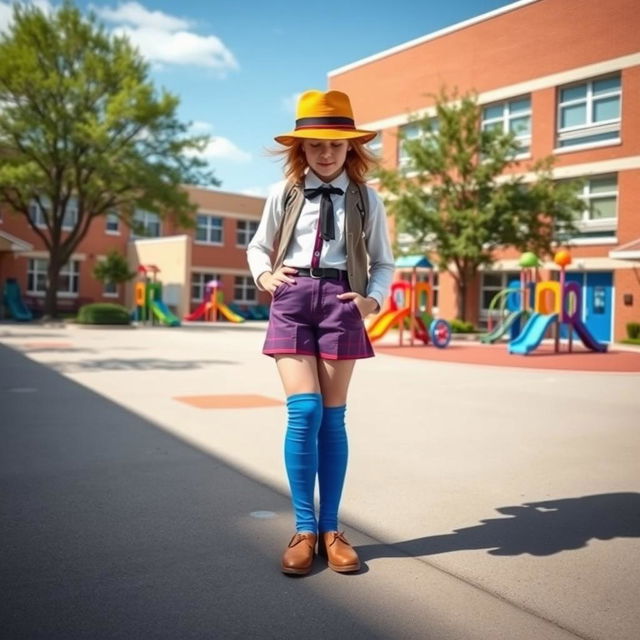 A vibrant schoolyard scene featuring a stylish person wearing a retro hat and blue knee-high socks