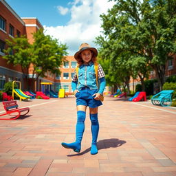 A vibrant schoolyard scene featuring a stylish person wearing a retro hat and blue knee-high socks