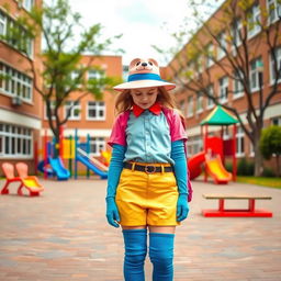 A vibrant schoolyard scene featuring a stylish person wearing a retro hat and blue knee-high socks