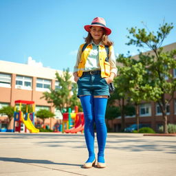 A vibrant schoolyard scene featuring a stylish person wearing a retro hat and blue knee-high socks