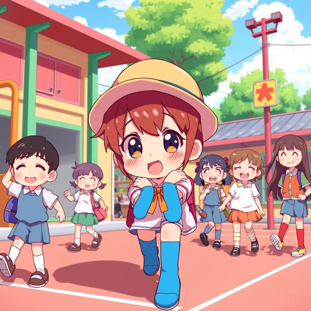 An anime-style illustration of a lively schoolyard scene featuring a character wearing a retro hat and blue knee-high socks