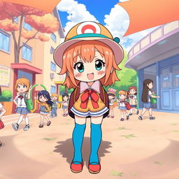 An anime-style illustration of a lively schoolyard scene featuring a character wearing a retro hat and blue knee-high socks