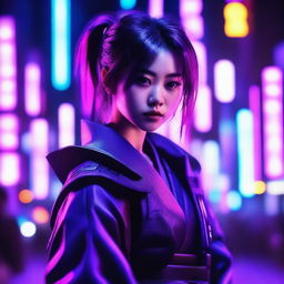 Generate an image of a cute and beautiful young Japanese woman, a skilled samurai, surrounded by the neon purple illumination of a cyberpunk environment