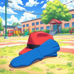 An anime-style illustration of a schoolyard filled with objects, including a retro hat placed stylishly on the ground and a pair of blue knee-high socks neatly folded